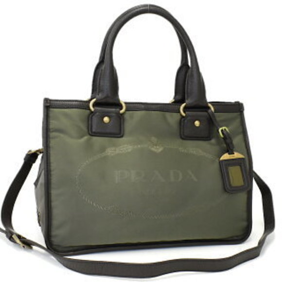 Prada Tote Handbag Nylon Jacquard Leather Fumo Green Triangle - Picture 1 of 8